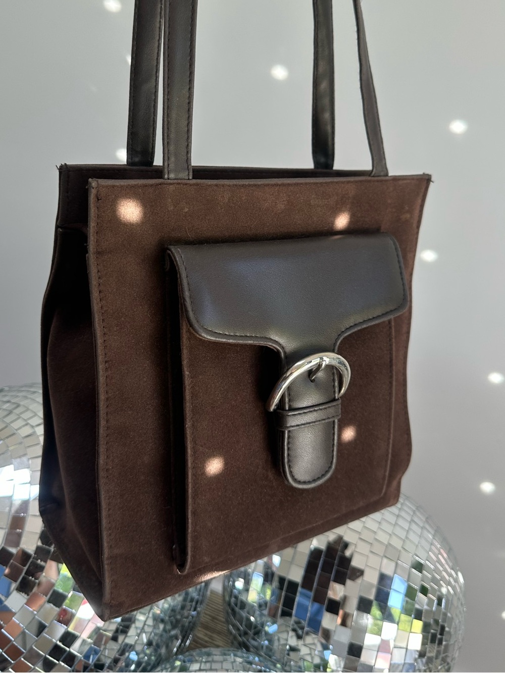 Suede shoulder Bag with Zipper and Buckle Detail